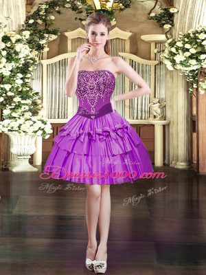 Purple Ball Gowns Strapless Sleeveless Organza Mini Length Lace Up Beading Prom Dresses