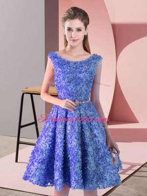 Blue Sleeveless Knee Length Belt Lace Up Prom Dresses