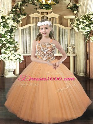 Super Peach Sleeveless Tulle Lace Up Little Girl Pageant Gowns for Party and Quinceanera
