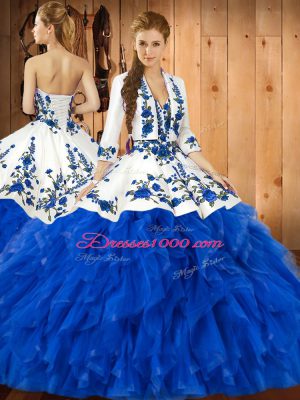 Blue Sleeveless Satin and Organza Lace Up Vestidos de Quinceanera for Military Ball and Sweet 16 and Quinceanera