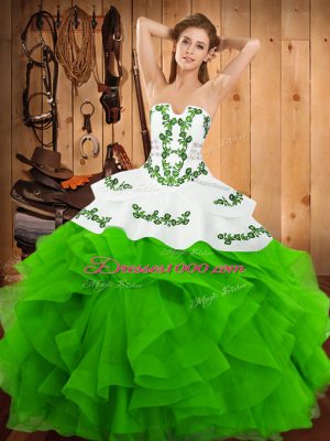 Simple Satin and Organza Sleeveless Floor Length Ball Gown Prom Dress and Embroidery and Ruffles