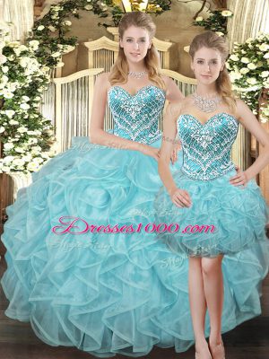 Elegant Aqua Blue Sweetheart Neckline Beading and Ruffles 15 Quinceanera Dress Sleeveless Lace Up