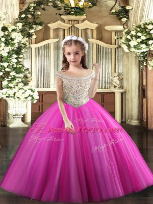 Stunning Fuchsia Off The Shoulder Lace Up Beading Pageant Dress Sleeveless