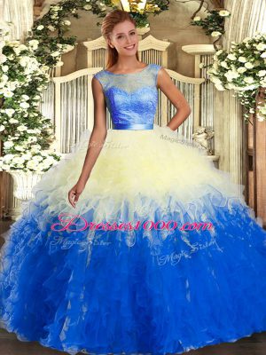 Tulle Scoop Sleeveless Backless Beading and Ruffles 15 Quinceanera Dress in Multi-color