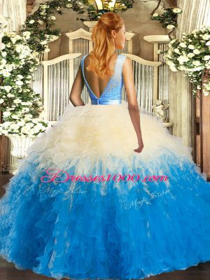 Tulle Scoop Sleeveless Backless Beading and Ruffles 15 Quinceanera Dress in Multi-color