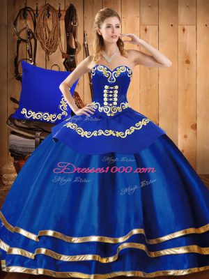 Floor Length Lace Up 15 Quinceanera Dress Blue for Military Ball and Sweet 16 and Quinceanera with Embroidery