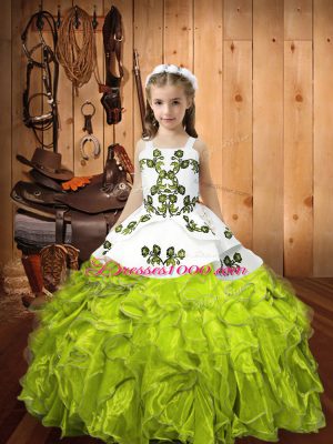Nice Yellow Green Ball Gowns Straps Sleeveless Organza Floor Length Lace Up Embroidery and Ruffles Little Girl Pageant Dress