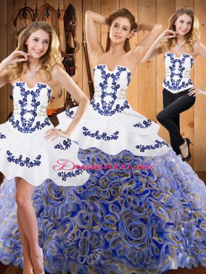 Fancy With Train Multi-color Sweet 16 Quinceanera Dress Satin and Fabric With Rolling Flowers Sweep Train Sleeveless Embroidery