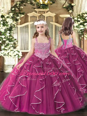 Clearance Fuchsia Ball Gowns Tulle Straps Sleeveless Beading and Ruffles Floor Length Lace Up Quince Ball Gowns