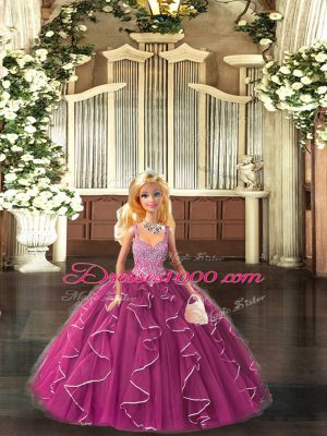 Clearance Fuchsia Ball Gowns Tulle Straps Sleeveless Beading and Ruffles Floor Length Lace Up Quince Ball Gowns