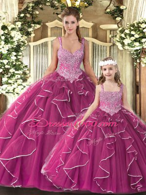 Clearance Fuchsia Ball Gowns Tulle Straps Sleeveless Beading and Ruffles Floor Length Lace Up Quince Ball Gowns