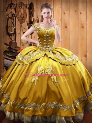 Floor Length Gold Sweet 16 Quinceanera Dress Off The Shoulder Sleeveless Lace Up