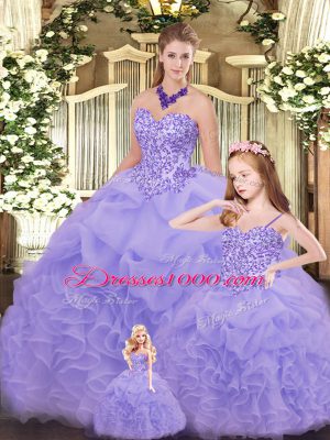 Adorable Sleeveless Floor Length Beading and Ruffles Lace Up Vestidos de Quinceanera with Lavender