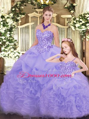 Adorable Sleeveless Floor Length Beading and Ruffles Lace Up Vestidos de Quinceanera with Lavender