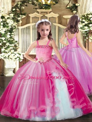 Hot Pink Ball Gowns Organza Sweetheart Sleeveless Beading and Ruffles Floor Length Lace Up Ball Gown Prom Dress
