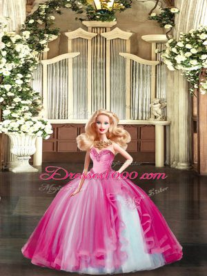 Hot Pink Ball Gowns Organza Sweetheart Sleeveless Beading and Ruffles Floor Length Lace Up Ball Gown Prom Dress