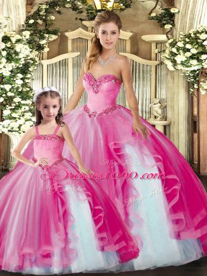 Hot Pink Ball Gowns Organza Sweetheart Sleeveless Beading and Ruffles Floor Length Lace Up Ball Gown Prom Dress
