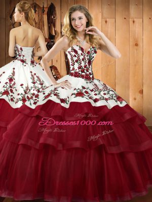 Sweep Train Ball Gowns 15 Quinceanera Dress Wine Red Sweetheart Organza Sleeveless Lace Up