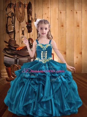 Beauteous Straps Sleeveless Organza Little Girls Pageant Gowns Embroidery and Ruffles Lace Up