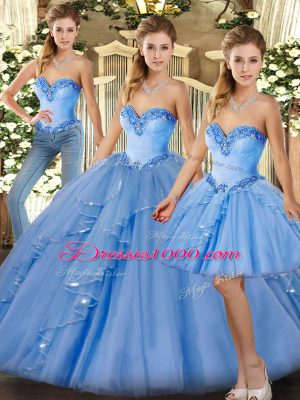 Baby Blue Sleeveless Organza Lace Up Sweet 16 Quinceanera Dress for Military Ball and Sweet 16 and Quinceanera