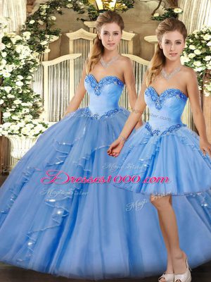 Baby Blue Sleeveless Organza Lace Up Sweet 16 Quinceanera Dress for Military Ball and Sweet 16 and Quinceanera