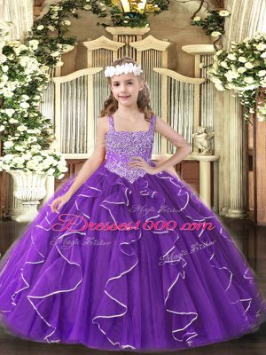 Pretty Ball Gowns Child Pageant Dress Purple Straps Tulle Sleeveless Floor Length Lace Up