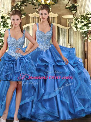 On Sale Sleeveless Tulle Floor Length Lace Up Quinceanera Dresses in Blue with Beading and Ruffles