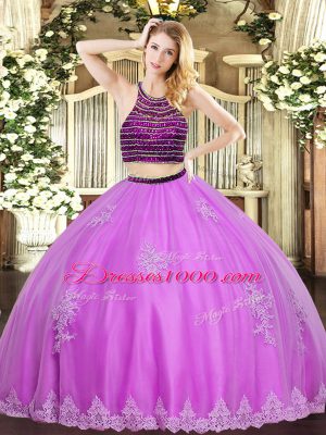 Tulle Sleeveless Floor Length 15 Quinceanera Dress and Beading and Appliques