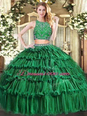 Dark Green Sleeveless Floor Length Beading and Appliques and Ruffled Layers Zipper Quinceanera Dresses