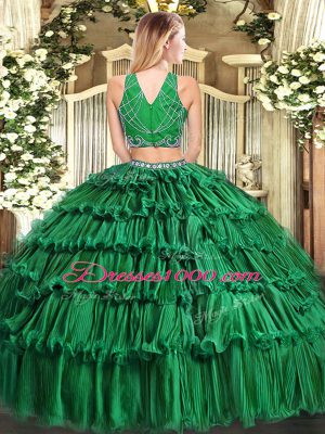 Dark Green Sleeveless Floor Length Beading and Appliques and Ruffled Layers Zipper Quinceanera Dresses