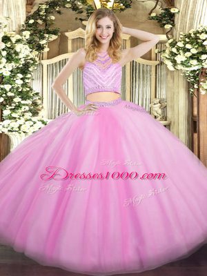 Lilac Tulle Zipper High-neck Sleeveless Floor Length 15 Quinceanera Dress Beading and Ruffles