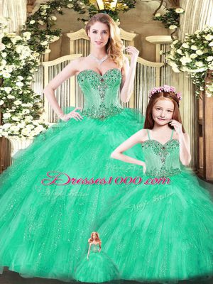 Noble Sleeveless Floor Length Beading and Ruffles Lace Up Sweet 16 Quinceanera Dress with Turquoise