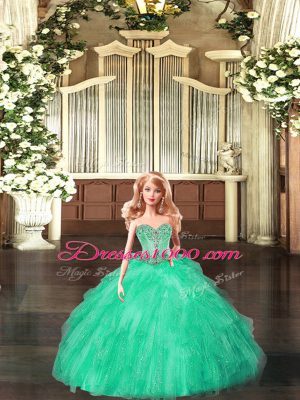 Noble Sleeveless Floor Length Beading and Ruffles Lace Up Sweet 16 Quinceanera Dress with Turquoise