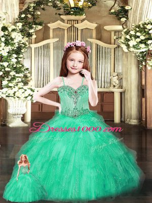Noble Sleeveless Floor Length Beading and Ruffles Lace Up Sweet 16 Quinceanera Dress with Turquoise