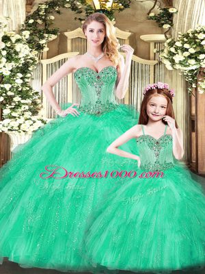 Noble Sleeveless Floor Length Beading and Ruffles Lace Up Sweet 16 Quinceanera Dress with Turquoise