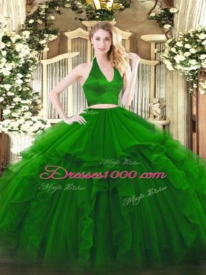Halter Top Sleeveless Zipper Sweet 16 Dress Green Organza