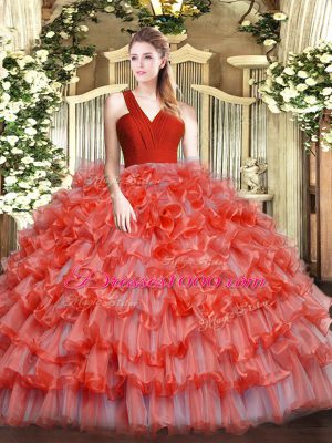 Affordable Organza V-neck Sleeveless Zipper Ruffled Layers Sweet 16 Quinceanera Dress in Coral Red