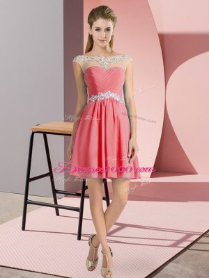 Watermelon Red Lace Up Prom Party Dress Beading Cap Sleeves Mini Length