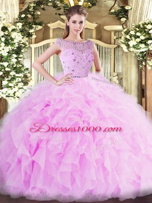 Super Lilac Tulle Zipper Bateau Sleeveless Floor Length Sweet 16 Quinceanera Dress Beading and Ruffles