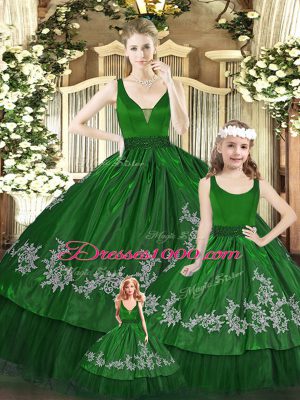 Custom Designed Floor Length Green Sweet 16 Dress Organza Sleeveless Beading and Appliques