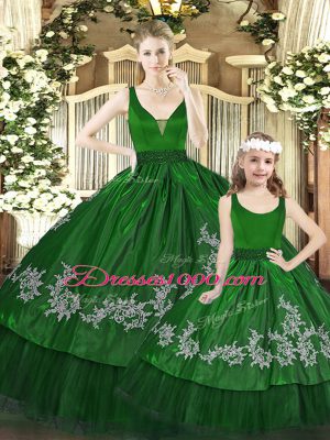 Custom Designed Floor Length Green Sweet 16 Dress Organza Sleeveless Beading and Appliques
