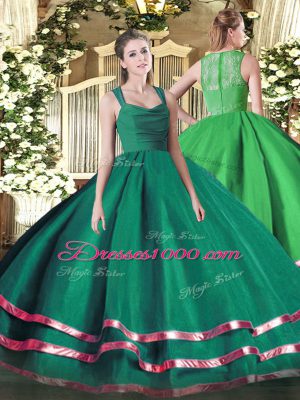 Glamorous Sleeveless Floor Length Ruffled Layers Zipper Quinceanera Gowns with Turquoise