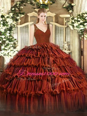 Organza Sleeveless Floor Length Quinceanera Gown and Beading and Lace and Ruffled Layers