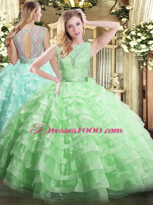 High End Apple Green Ball Gowns Organza Scoop Sleeveless Lace and Ruffled Layers Floor Length Backless Sweet 16 Dresses