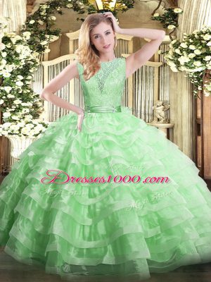 High End Apple Green Ball Gowns Organza Scoop Sleeveless Lace and Ruffled Layers Floor Length Backless Sweet 16 Dresses