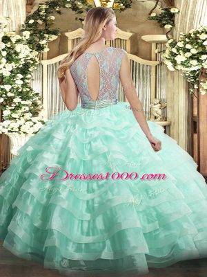 High End Apple Green Ball Gowns Organza Scoop Sleeveless Lace and Ruffled Layers Floor Length Backless Sweet 16 Dresses