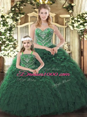 Glorious Dark Green Lace Up Sweetheart Ruffles Vestidos de Quinceanera Organza Sleeveless