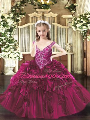 Unique Fuchsia Sleeveless Floor Length Beading and Ruffles Lace Up Little Girls Pageant Dress Wholesale