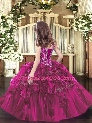 Unique Fuchsia Sleeveless Floor Length Beading and Ruffles Lace Up Little Girls Pageant Dress Wholesale