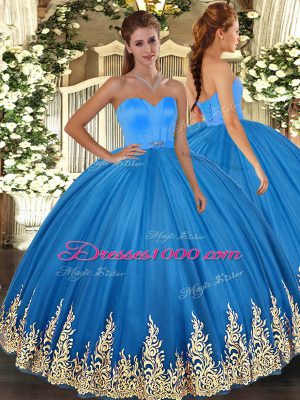 Captivating Sleeveless Tulle Floor Length Lace Up Ball Gown Prom Dress in Blue with Appliques